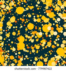 Gold confetti on a blue background. Beautiful  bright background. Yellow Confetti. A frame of confetti. A scattering of confetti. Placer from the circles. Dots. Vector illustration.