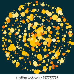 Gold confetti on a blue background. Beautiful  bright background. Yellow Confetti. A frame of confetti. A scattering of confetti. Placer from the circles. Dots. Vector illustration.