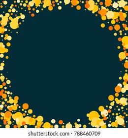 Gold confetti on a blue background. Beautiful  bright background. Yellow Confetti. A frame of confetti. A scattering of confetti. Placer from the circles. Dots. Vector illustration.