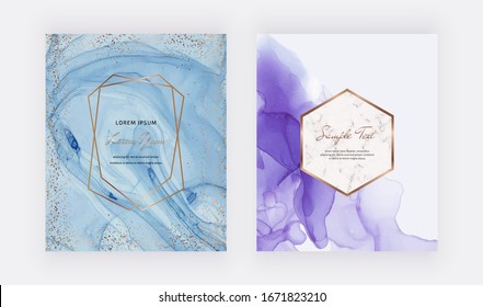 Gold Confetti On The Blue And Purple Alcohol Ink Texture With Polygonal Lines Frame. Modern Vector Design For Wedding Invitation, Greeting, Banner, Flyer, Poster, Save The Date
