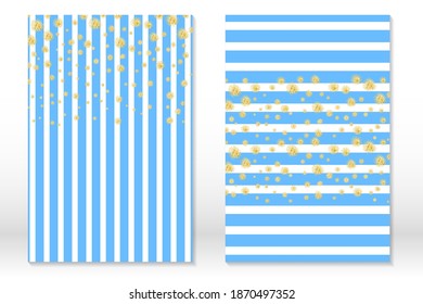 Gold confetti on blue striped background. Cover set with gold dots and sequins. Invitation cards for party, flyer.