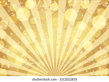 Gold confetti on golden sunburst background. Vector illustration