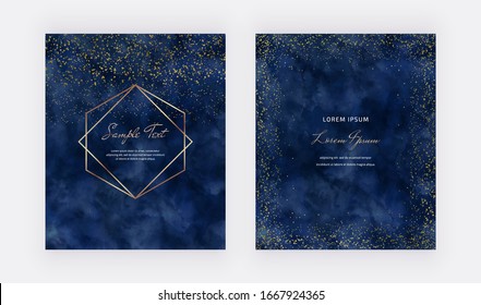 Gold confetti on the navy blue watercolor background and geometric polygonal lines frame. Modern vector design for wedding invitation, greeting, banner, flyer, poster, save the date
