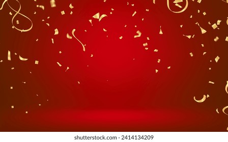 Confeti de oro con fondo rojo. Fondo festivo. Ilustración vectorial.
