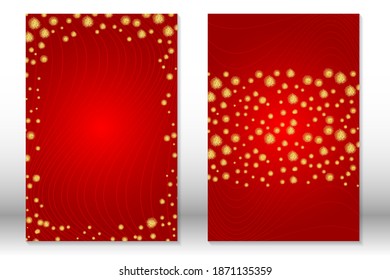 Gold confetti on red gradient background. Cover set with gold dots.