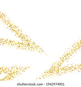 Gold Confetti on Red. Isolated Golden Dust Particles. Foil Border. Geometric Anniversary Backdrop. Fluid Birthday Card. Random Bridal Backdrop. Vector Round Bokeh. Abstract Iridescent Background.