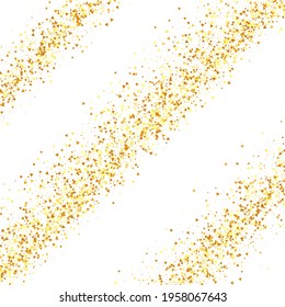 Gold Confetti on Red. Isolated Golden Dust Particles. Fluid Birthday Card. Random Bridal Backdrop. Foil Border. Geometric Anniversary Backdrop. Vector Round Bokeh. Abstract Iridescent Background.