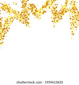 Gold Confetti on Red. Isolated Golden Dust Particles. Foil Border. Geometric Anniversary Backdrop. Vector Round Bokeh. Abstract Iridescent Background. Fluid Birthday Card. Random Bridal Backdrop.