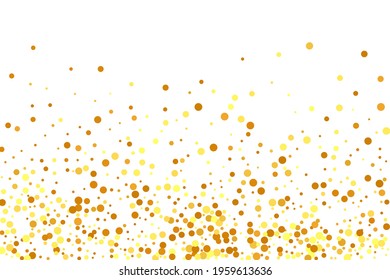 Gold Confetti on Red. Isolated Golden Dust Particles. Vector Round Bokeh. Abstract Iridescent Background. Foil Border. Geometric Anniversary Backdrop. Fluid Birthday Card. Random Bridal Backdrop.