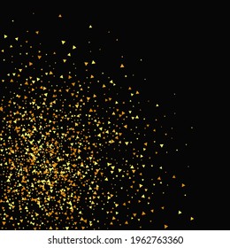 Gold Confetti on Red. Isolated Golden Dust Particles. Foil Border. Geometric Anniversary Backdrop. Fluid Birthday Card. Random Bridal Backdrop. Vector Round Bokeh. Abstract Iridescent Background.