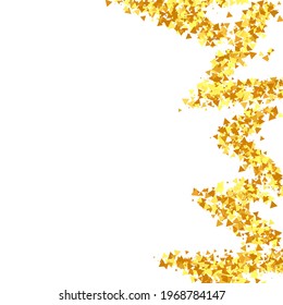Gold Confetti on Red. Isolated Golden Dust Particles. Foil Border. Geometric Anniversary Backdrop. Fluid Birthday Card. Random Bridal Backdrop. Vector Round Bokeh. Abstract Iridescent Background.