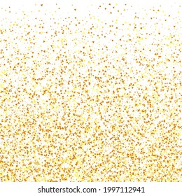 Gold Confetti on Red. Isolated Golden Dust Particles. Foil Border. Geometric Anniversary Backdrop. Vector Round Bokeh. Abstract Iridescent Background. Fluid Birthday Card. Random Bridal Backdrop.