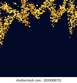 Gold Confetti on Red. Isolated Golden Dust Particles. Foil Border. Geometric Anniversary Backdrop. Fluid Birthday Card. Random Bridal Backdrop. Vector Round Bokeh. Abstract Iridescent Background.