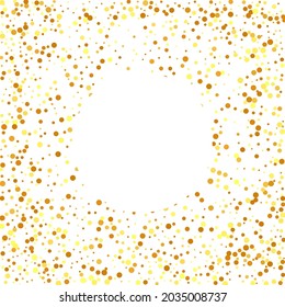 Gold Confetti on Red. Isolated Golden Dust Particles. Foil Border. Geometric Anniversary Backdrop. Fluid Birthday Card. Random Bridal Backdrop. Vector Round Bokeh. Abstract Iridescent Background.