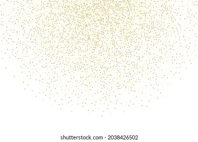 Gold Confetti on Red. Isolated Golden Dust Particles. Foil Border. Geometric Anniversary Backdrop. Fluid Birthday Card. Random Bridal Backdrop. Vector Round Bokeh. Abstract Iridescent Background.