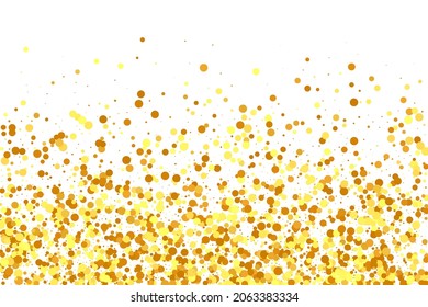 Gold Confetti on Red. Isolated Golden Dust Particles. Fluid Birthday Card. Random Bridal Backdrop. Foil Border. Geometric Anniversary Backdrop. Vector Round Bokeh. Abstract Iridescent Background.