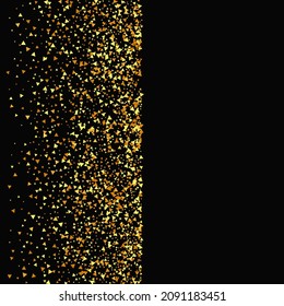 Gold Confetti on Red. Isolated Golden Dust Particles. Fluid Birthday Card. Random Bridal Backdrop. Foil Border. Geometric Anniversary Backdrop. Vector Round Bokeh. Abstract Iridescent Background.