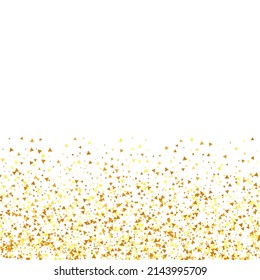 Gold Confetti on Red. Isolated Golden Dust Particles. Fluid Birthday Card. Random Bridal Backdrop. Foil Border. Geometric Anniversary Backdrop. Vector Round Bokeh. Abstract Iridescent Background.
