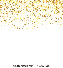 Gold Confetti on Red. Isolated Golden Dust Particles. Fluid Birthday Card. Random Bridal Backdrop. Foil Border. Geometric Anniversary Backdrop. Vector Round Bokeh. Abstract Iridescent Background.