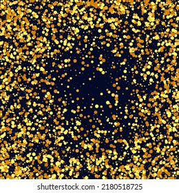 Gold Confetti on Red. Isolated Golden Dust Particles. Fluid Birthday Card. Random Bridal Backdrop. Foil Border. Geometric Anniversary Backdrop. Vector Round Bokeh. Abstract Iridescent Background.