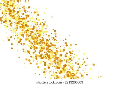 Gold Confetti on Red. Isolated Golden Dust Particles. Fluid Birthday Card. Random Bridal Backdrop. Vector Round Bokeh. Abstract Iridescent Background. Foil Border. Geometric Anniversary Backdrop.