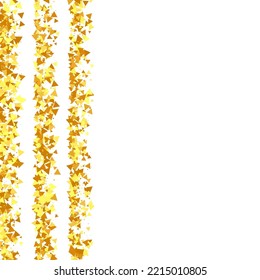 Gold Confetti on Red. Isolated Golden Dust Particles. Fluid Birthday Card. Random Bridal Backdrop. Vector Round Bokeh. Abstract Iridescent Background. Foil Border. Geometric Anniversary Backdrop.
