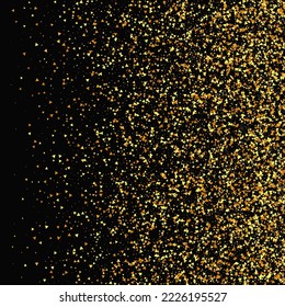 Gold Confetti on Red. Isolated Golden Dust Particles. Fluid Birthday Card. Random Bridal Backdrop. Foil Border. Geometric Anniversary Backdrop. Vector Round Bokeh. Abstract Iridescent Background.