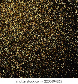 Gold Confetti on Red. Isolated Golden Dust Particles. Foil Border. Geometric Anniversary Backdrop. Fluid Birthday Card. Random Bridal Backdrop. Vector Round Bokeh. Abstract Iridescent Background.