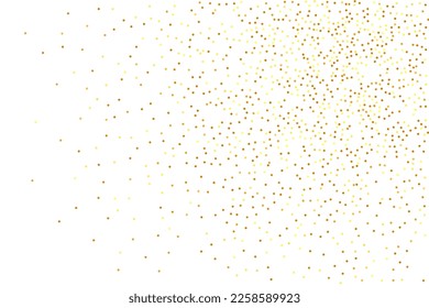 Gold Confetti on Red. Isolated Golden Dust Particles. Foil Border. Geometric Anniversary Backdrop. Fluid Birthday Card. Random Bridal Backdrop. Vector Round Bokeh. Abstract Iridescent Background.