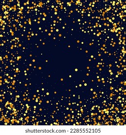 Gold Confetti on Red. Isolated Golden Dust Particles. Fluid Birthday Card. Random Bridal Backdrop. Vector Round Bokeh. Abstract Iridescent Background. Foil Border. Geometric Anniversary Backdrop.