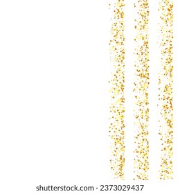 Gold Confetti on Red. Isolated Golden Dust Particles. Foil Border. Geometric Anniversary Backdrop. Fluid Birthday Card. Random Bridal Backdrop. Vector Round Bokeh. Abstract Iridescent Background.