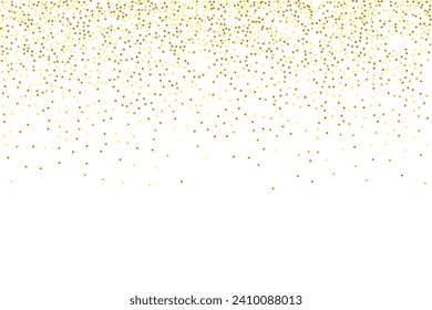 Gold Confetti on Red. Isolated Golden Dust Particles. Fluid Birthday Card. Random Bridal Backdrop. Vector Round Bokeh. Abstract Iridescent Background. Foil Border. Geometric Anniversary Backdrop.