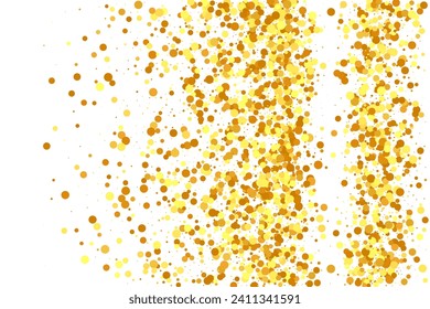 Gold Confetti on Red. Isolated Golden Dust Particles. Fluid Birthday Card. Random Bridal Backdrop. Foil Border. Geometric Anniversary Backdrop. Vector Round Bokeh. Abstract Iridescent Background.