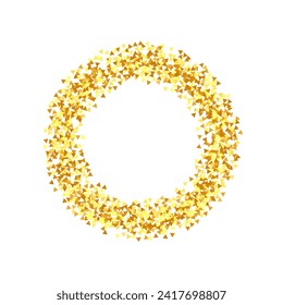 Gold Confetti on Red. Isolated Golden Dust Particles. Fluid Birthday Card. Random Bridal Backdrop. Vector Round Bokeh. Abstract Iridescent Background. Foil Border. Geometric Anniversary Backdrop.