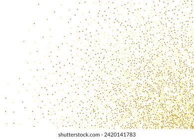Gold Confetti auf Rot. Einzeln partikelförmige goldene Staubpartikel. Folie-Grenze Hintergrundbild zum Thema geometrisches Jubiläum. Vektor Round Bokeh. Abstrakter, rätselhafter Hintergrund. Fluid Birthday Card. Random-Bridal-Hintergrund.
