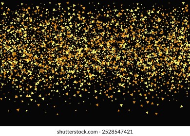 Confetti Dourado em Vermelho. Partículas Douradas Isoladas. Cartão Fluido de Aniversário. Pano de Fundo de Noiva Aleatório. Borda de folha de alumínio. Fundo de aniversário geométrico. Vetor em volta de Bokeh. Resumo Iridescente Fundo.