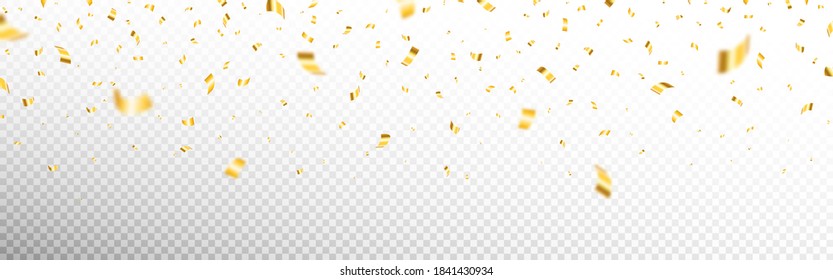 Gold confetti on transparent backdrop. Realistic falling tinsel. Luxury anniversary template. Flying decoration elements. Bright serpentine isolated. Vector illustration.