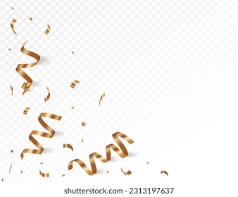 Gold confetti on transparent backdrop. Falling shiny gold confetti. Glitter confetti frame