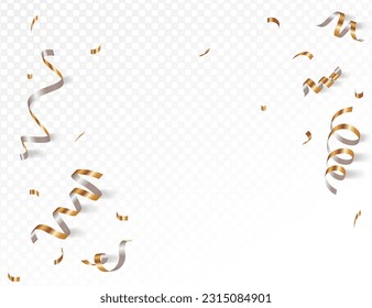 Gold confetti on transparent backdrop. Falling shiny gold confetti. Glitter confetti frame