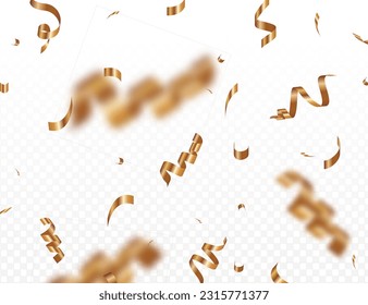 Gold confetti on transparent backdrop. Falling shiny gold confetti. Glitter confetti.