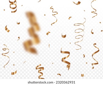Gold confetti on transparent backdrop. Falling shiny gold confetti. Glitter confetti.