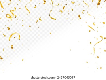 Gold confetti on transparent background. Falling shiny golden confetti isolated on transparent background. vector illustration.