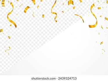 Gold confetti on transparent background. Realistic falling tinsel. Luxury anniversary template. Flying decoration elements. Bright serpentine isolated. Luxury background.