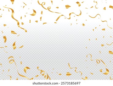 Gold confetti on transparent background, Render golden confetti in empty space, Party, holiday, surprise or birthday events.
