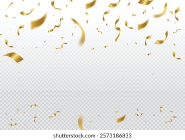 Gold confetti on transparent background, gold paper flying, Can be used for celebration, Christmas, New Year Festivity.