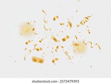 Gold confetti on Transparent Background, Bright falling tinsel, Holiday poster concept, Anniversary or birthday design, Falling gold confetti seamless background