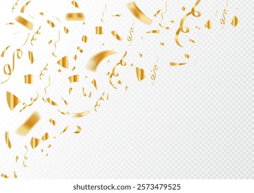 Gold confetti, Gold confetti on Transparent Background, Bright falling tinsel, Holiday poster concept, Anniversary or birthday design