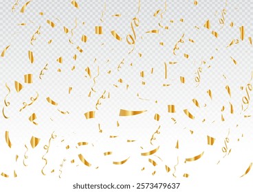 Gold confetti on Transparent Background, Celebration background template with confetti and gold ribbons, Falling gold confetti seamless background.