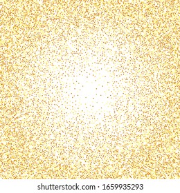 Gold Confetti on White Background. Isolated Golden Dust Particles. Abstract Iridescent Birthday Card. Random Bridal Backdrop. Foil Border. Geometric Anniversary Backdrop. Vector Round Bokeh.