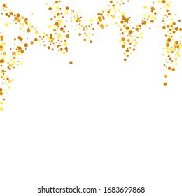 Gold Confetti on White Background. Isolated Golden Dust Particles. Vector Round Bokeh. Geometric Anniversary Backdrop. Random Bridal Backdrop. Foil Border. Abstract Iridescent Birthday Card.